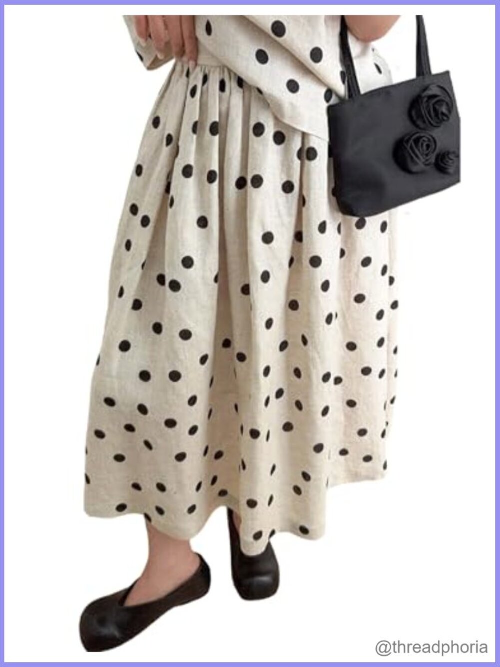 Linen Polka Dots A-Line Midi Skirt Flowy Swing with Pockets